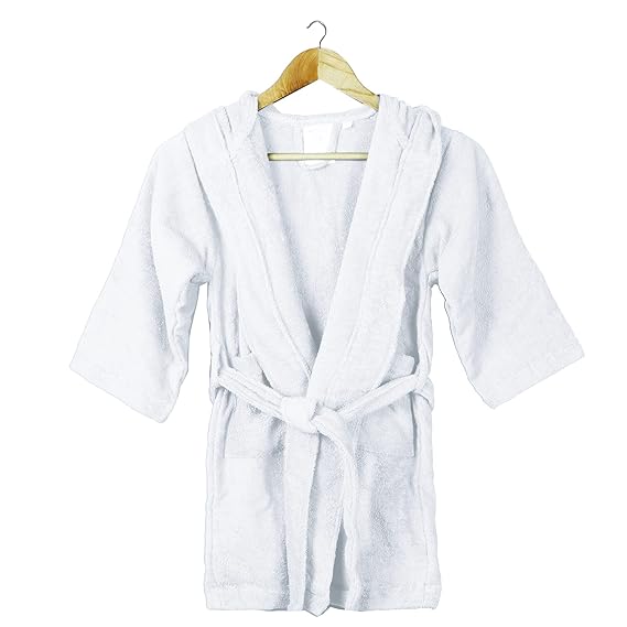TRIDENT Curious Mind Robe, 300 GSM, Kids Bathrobe 100% Cotton Long Kimono Hooded Bathrobe, for kids of height up to 4ft 10 in,Dressing Gown, Bathrobe for Girls, Boy (Plush White, M)