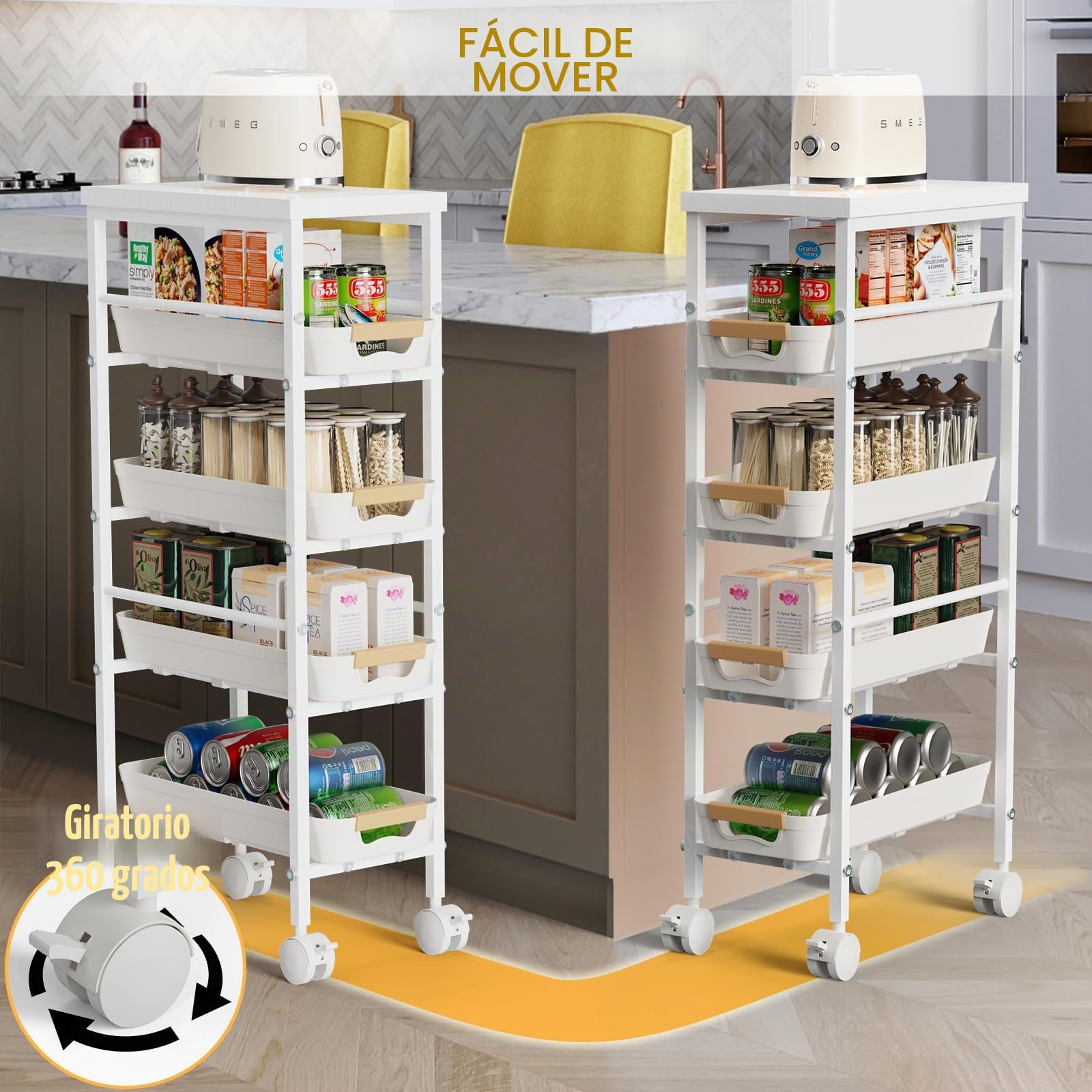 DROMEZ Carrito Auxiliar con Ruedas Estrecho 20 cm, 5 Niveles Metal Blanco | Carro Cocina con 4 Cajones, Tablero Superior y Frenos para Bano, Lavadero u Oficina Compacta, 38x20x81cm