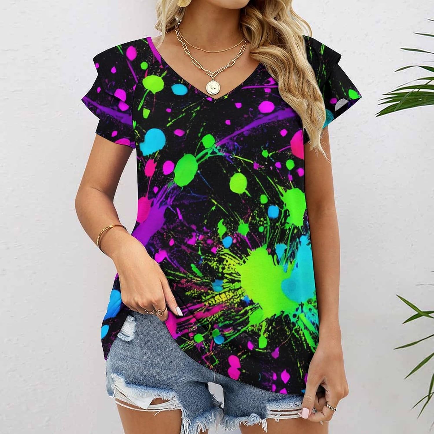 Glow in Dark Splatter Neon Women's Short Sleeve Shirt Tops Loose V-Neck Ruffle Tees Summer Beach Blouses - Image 2