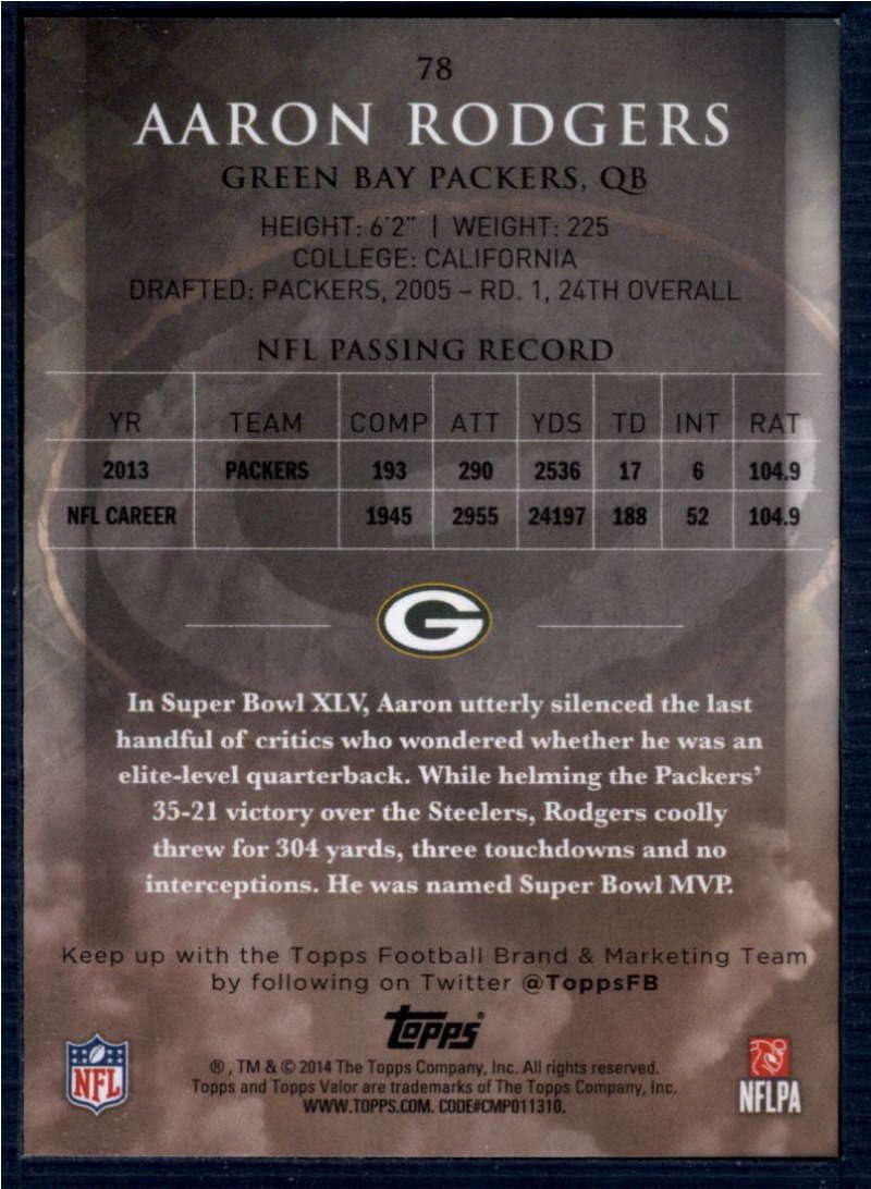 2014 Topps Valor #78 Aaron Rodgers Packers NFL Football Card NM-MT