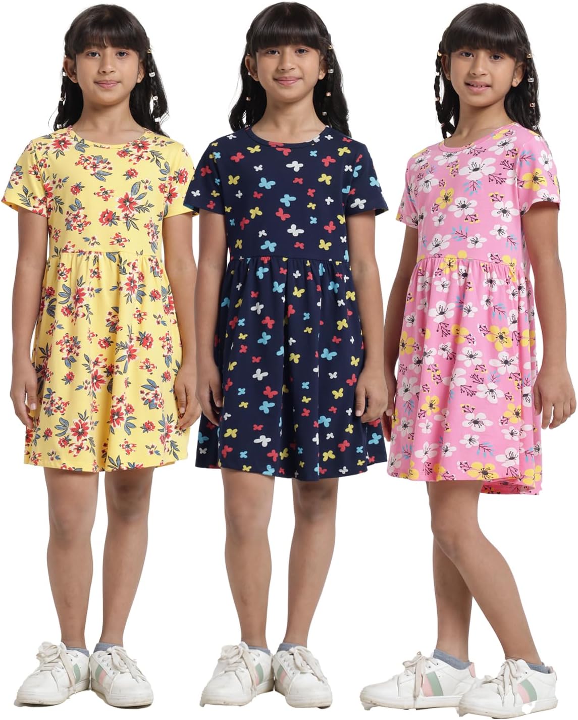 Girls Printed Cotton Casual Knee-Length Dress(Pack of 3)