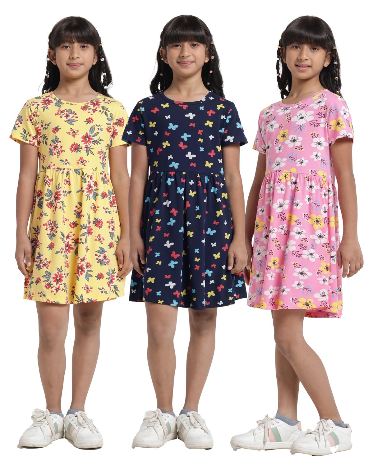 Girls Printed Cotton Casual Knee-Length Dress(Pack of 3)
