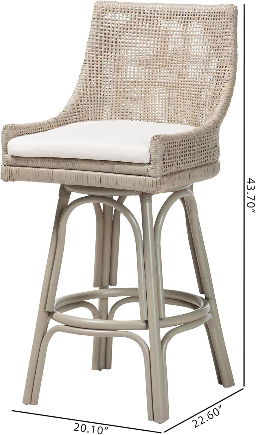 bali & pari Bella Swivel Rattan Bar Stool with Cushion - Handwoven Wicker Bar Chair with Backrest and Footrest, French Grey