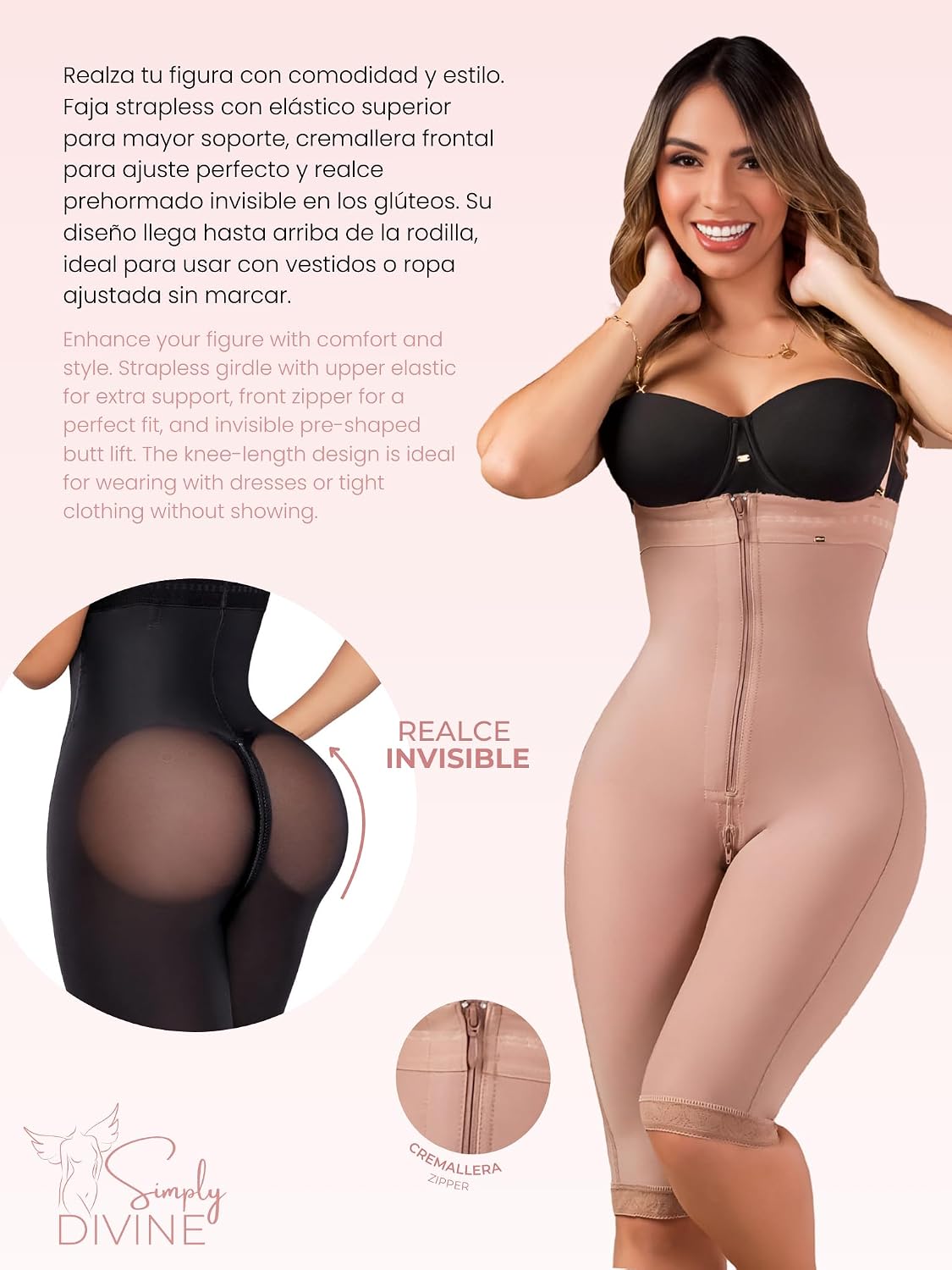 Fajas Invisibles Colombianas Long Invisible Strapless Girdle with Zipper