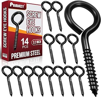 PAMAZY 3.2 Heavy Duty Screw Eye Hooks, 14Pcs Self-Tapping Eyelet Screw-in | Black Steel 200LBS Breaking Strength Screw Eye Bolts, Screw-in Eye Hooks for Wood Securing Cables Wire, Indoor & Outdoor Uses