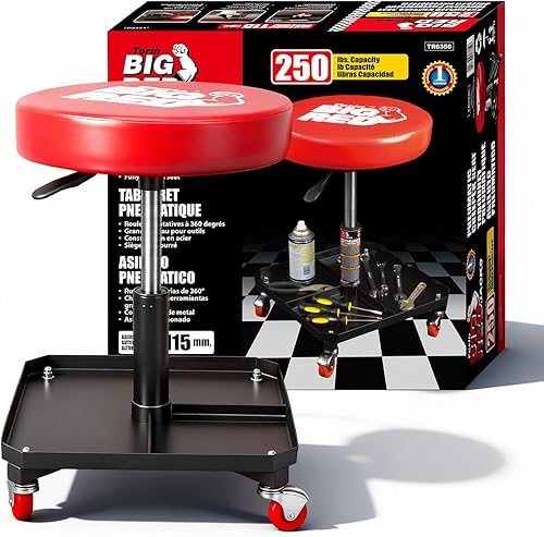 Big RED Taburete mecánico rodante con bandeja de herramientas, asiento de garaje neumático, altura ajustable de 17 a 22 pulgadas, silla de taller de