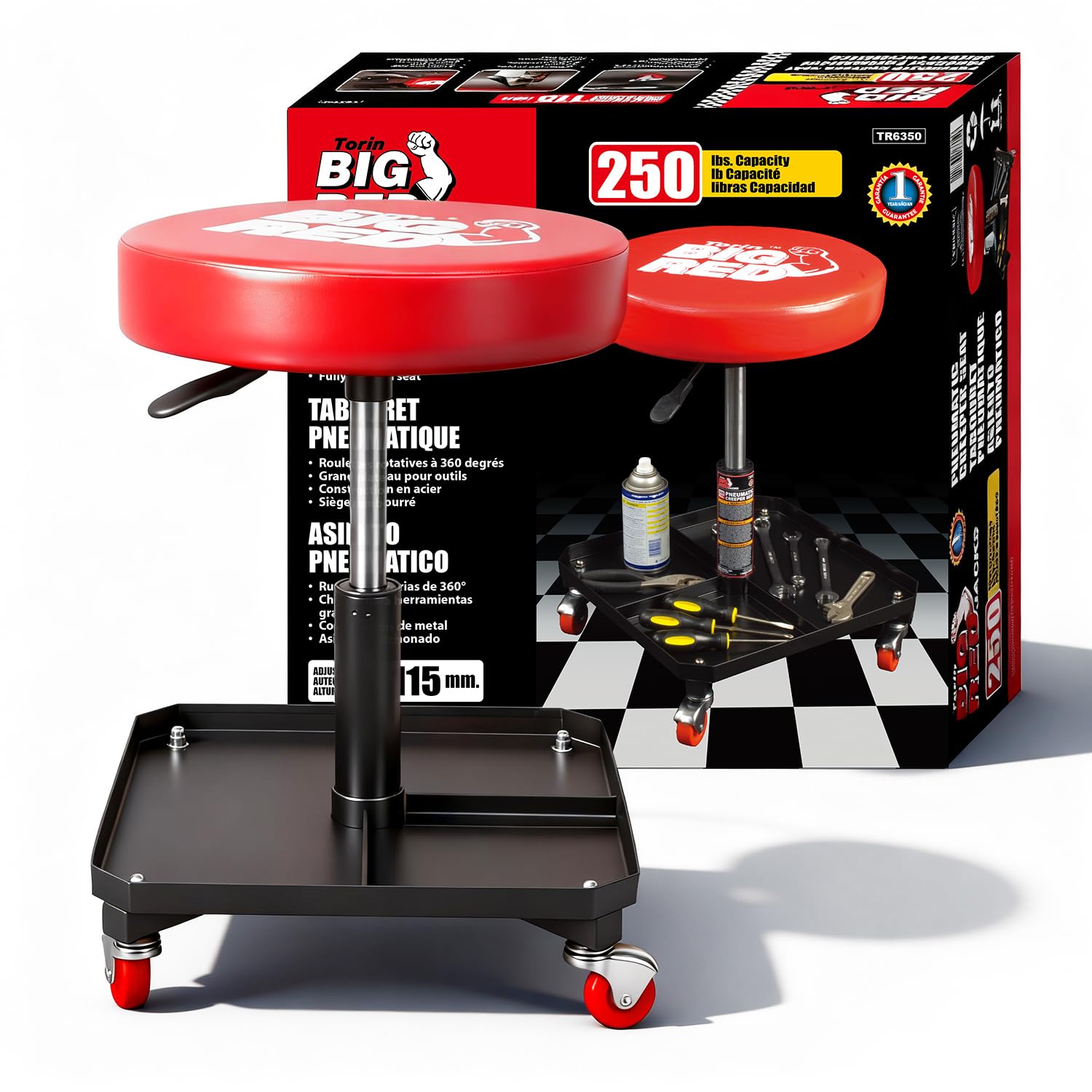 Big RED Rolling Mechanic Stool with Tool Tray, Pneumatic Garage