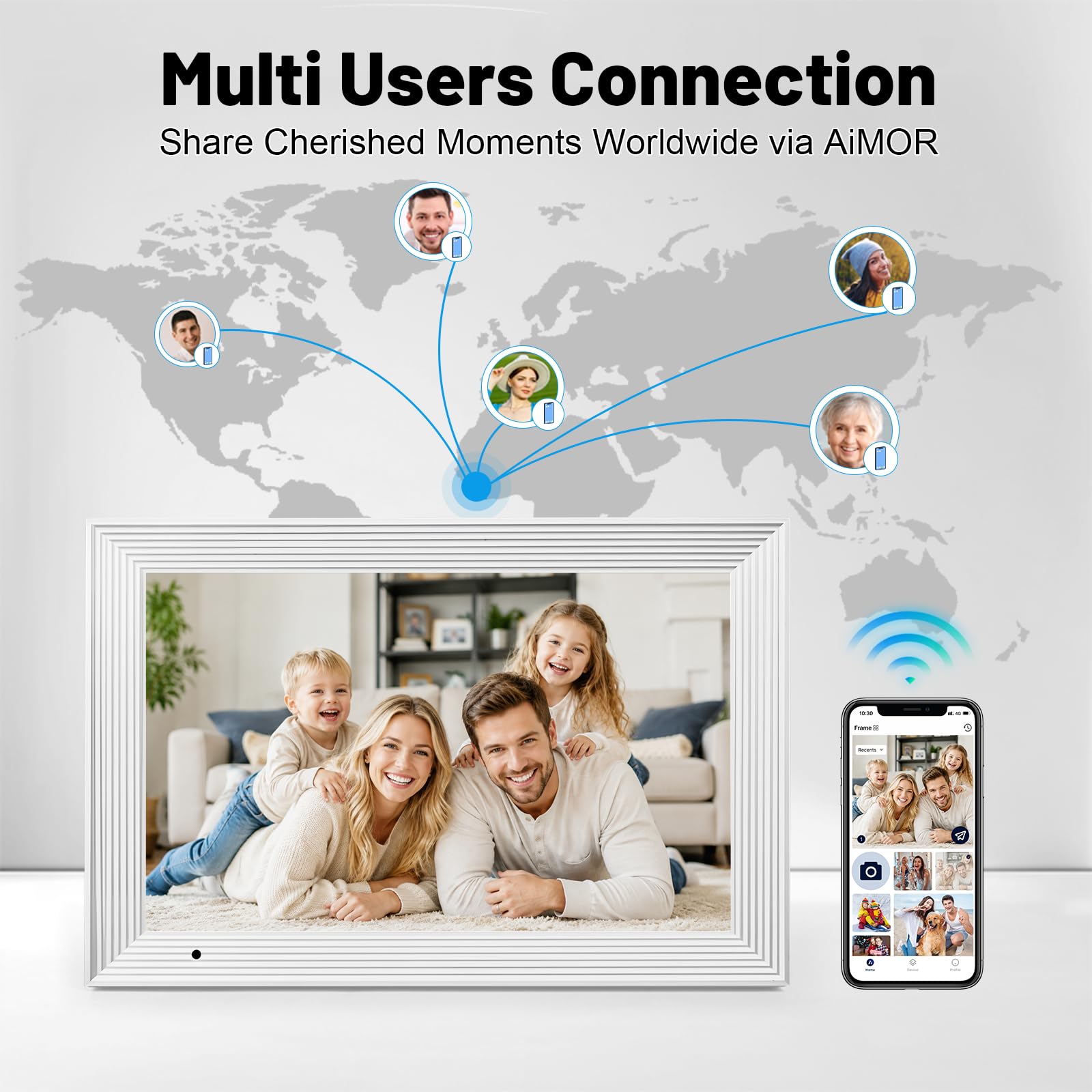 AEEZO Cadre Photo Numérique WiFi 10,1 Pouces, 32GB, Cadre Photo Numérique à Rotation Automatique, Partage Instantané et Facile de Photos et de Vidéos à Distance Via AiMOR (Blanc)