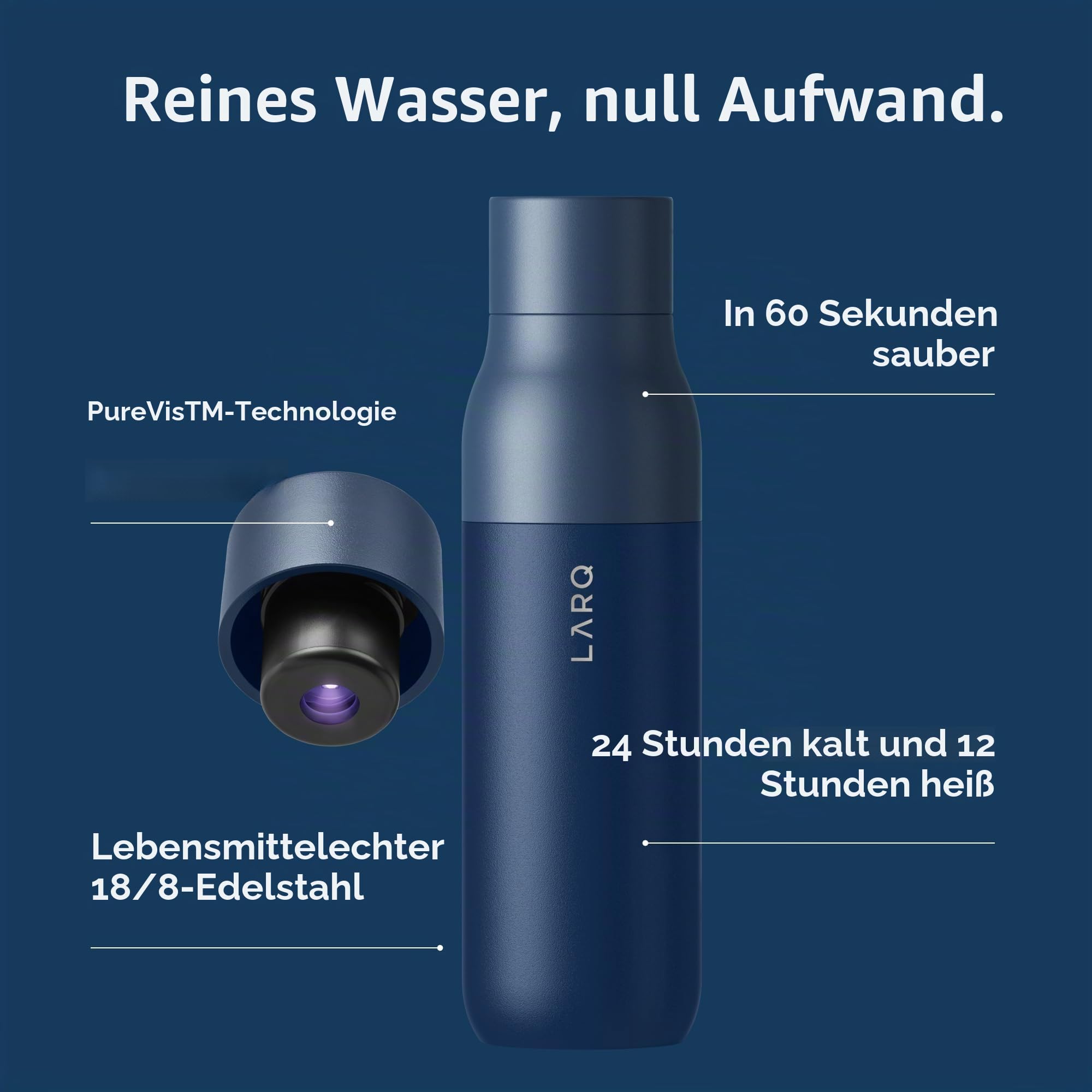 LARQ Bottle PureVis 740ml – Selbstreinigende Edelstahl-Trinkflasche mit UV-C Reinigung | Hält Getränke kalt und heiß | BPA-frei, auslaufsicher & wiederverwendbar | 2 Jahre Garantie, Monaco Blue