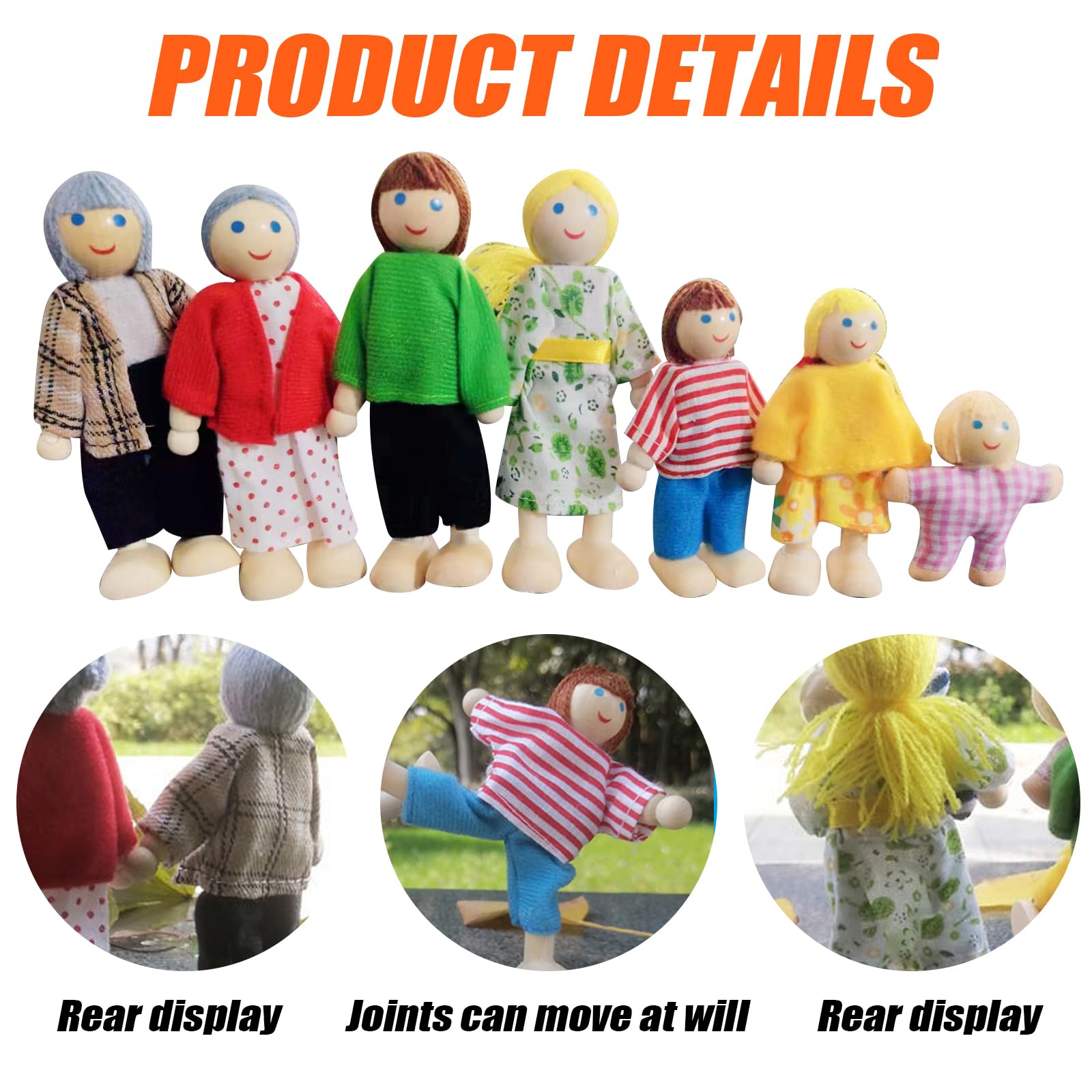 DAVBNM Sets of 7 People Wooden DollHouse Family Dolls Toys, Wooden Figure Set, Lovely Happy Family Doll Playset - Image 3