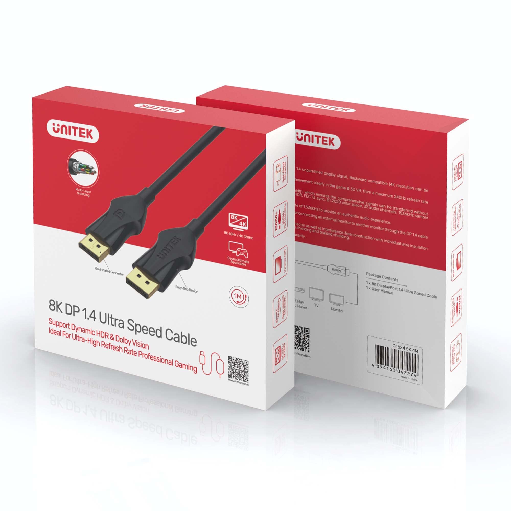 Unitek C1624BK-2M 8K DisplayPort 1.4 Kablo Siyah (8K @60Hz, 4K 144Hz, 1440p @240Hz) / 32.4Gbps Bant genişliği / 1.2 (DSC), FEC, Dynamic HDR Metadveri/altın kaplama fiş