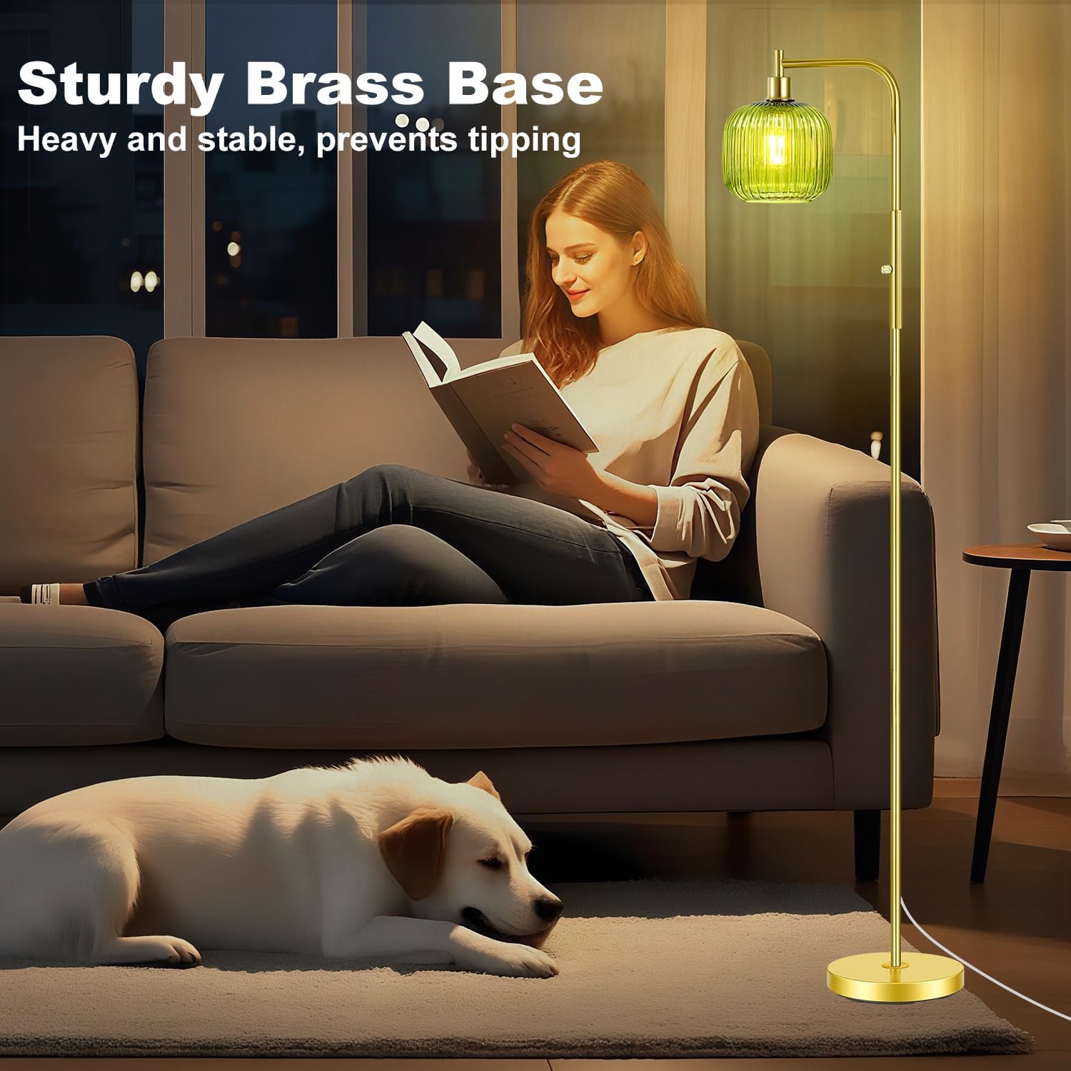 Dimmable Gold Floor Lamp with Ribbed Shade, Vintage Green Standing Lamp dimmable with Solid Base, Arc Floor Lamps Glass for Living Room, Bedroom, Office, Decorative Tall Corner Lamps Gift Use