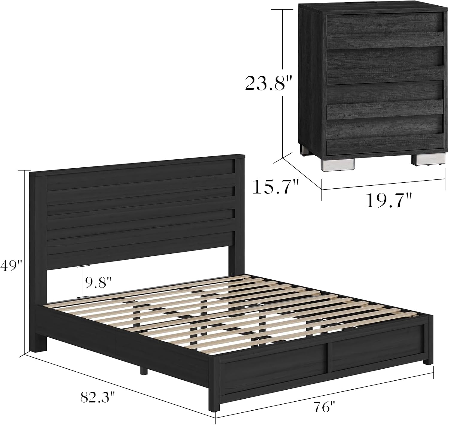 Albott 3 Piece Bedroom Set, Including Farmhouse King Size Bed Frame with Slatted Headboard, Nightstands Set of 2 with Charging Station for Bedroom, Black