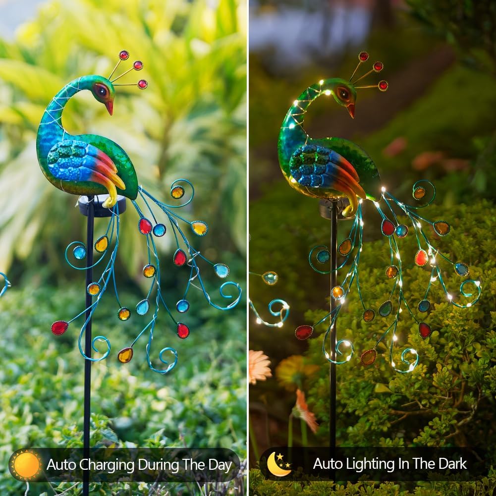 DREAMSOUL 2 Pack Peacock Solar Lights Outdoor, Tall Waterproof LED Outdoor Solar Lights for Yard Pathway Peacock Decor