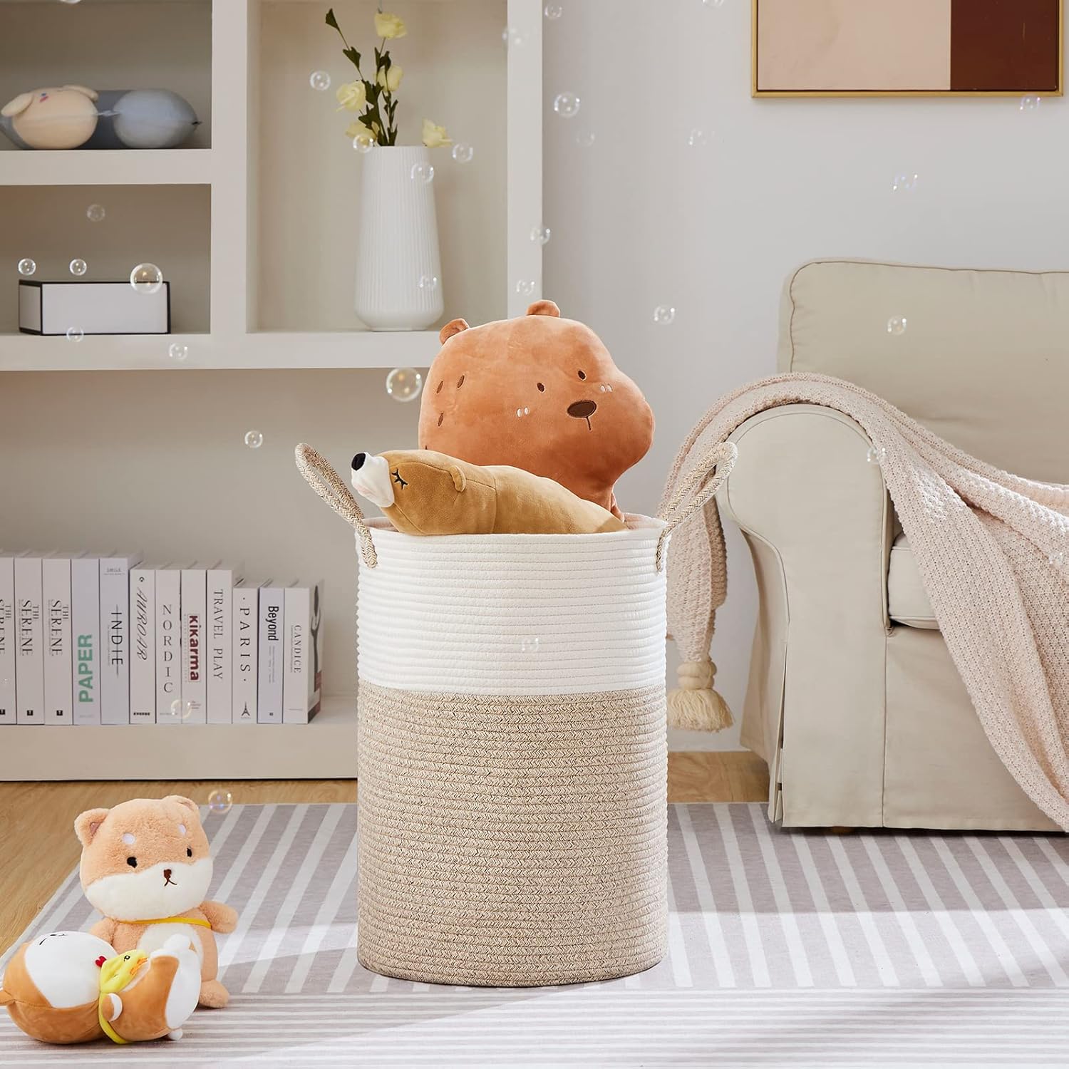 VIPOSCO Large Laundry Hamper, Tall Woven Rope Storage Basket for Blanket, Toys, Dirty Clothes in Living Room, Bathroom, Bedroom - 72L White & Brown 72L Brown