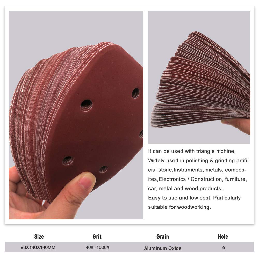 50PCS 140 * 98 mm Hojas de lija de 6 orificios Triángulo Detalle de ratón Gancho de papel de lija amp; Disco de lijado abrasivo Loop Grits para lijado de madera, surtido