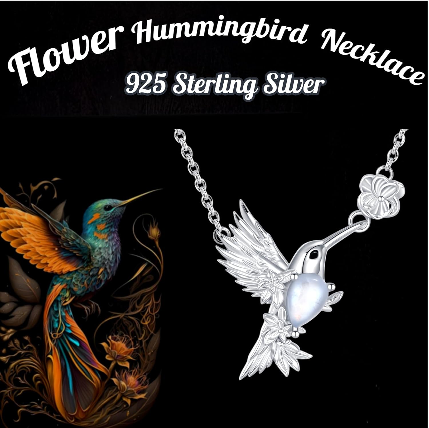 Genuine Rainbow Moonstone Hummingbird Flower Pendant Necklace 925 Sterling Silver Natural Gemstone June Birthstone Jewelry for Women Bird lover - Image 7