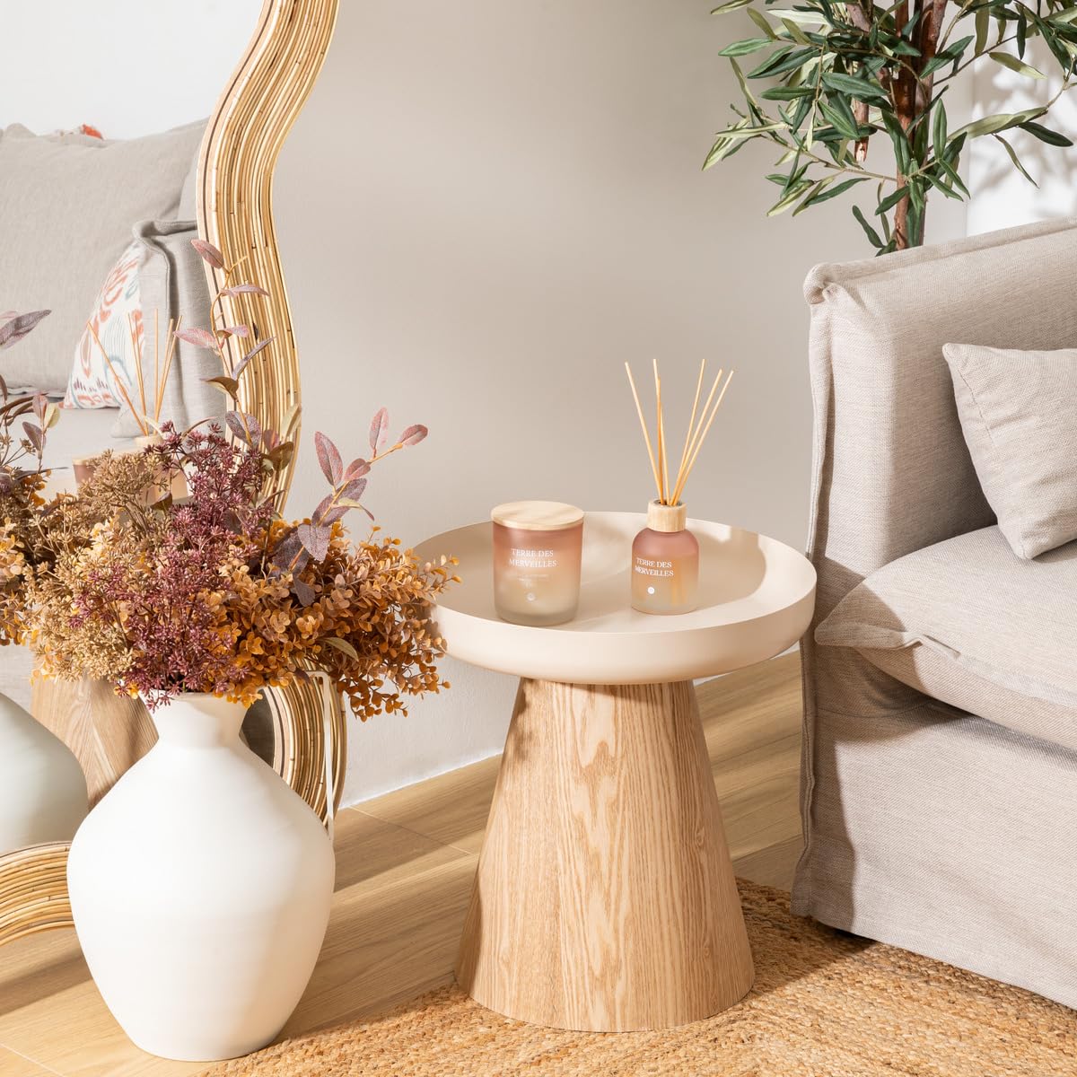Atmosphera - Table d'Appoint Hercyna, Acier et Bois, D 40 x H 42 cm, Plateau Rond avec Rebords - pour Salon, Chambre, Bout de Canapé