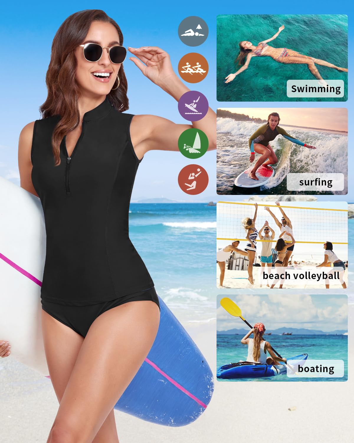 WOWENY Camiseta de natación para mujer, sin mangas, tankini para mujer, camiseta de baño Rash Guard protección solar, traje de baño, camiseta de surf, camiseta de playa, chaleco de natación
