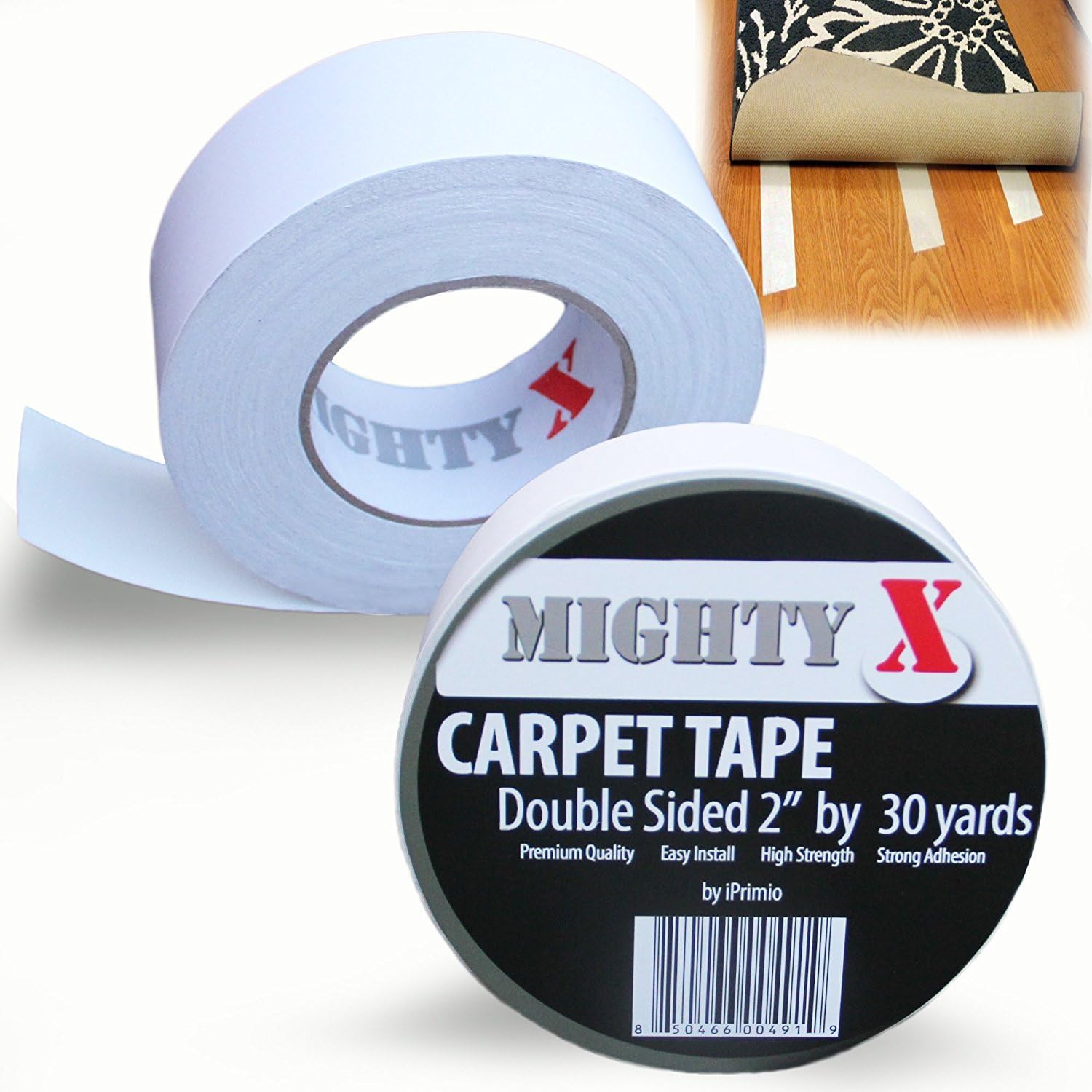iPrimio Mighty X Extra Thick Double-Sided Indoor Rug & Carpet Tape Heavy-Duty Carpet, Mat, & Hardwood Floor Tape for Area Rugs & Large Rugs - Wood & Mounting Tape (30 Yards x 2 Inches)