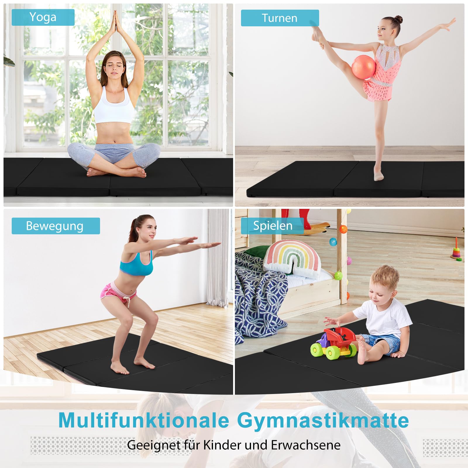 COSTWAY 240 x 120 x 5 cm Weichbodenmatte, Gymnastikmatte klappbar, Yogamatte mit Klettverschluss und 2 Tragegriffe, Turnmatte, Klappmatte, Fitnessmatte für Gymnastik, Yoga, Training Zuhause