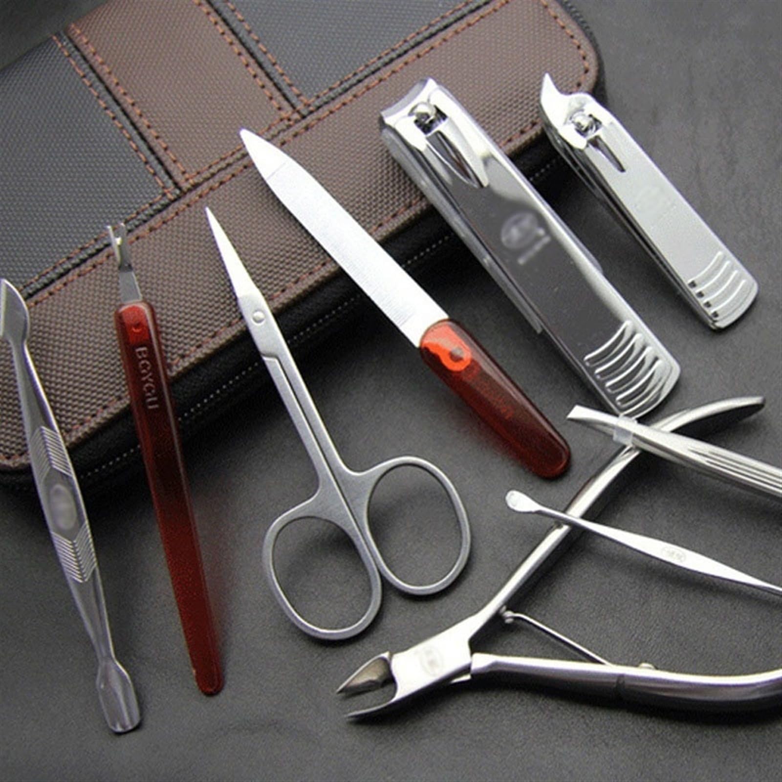 Kit de cortaúñas de 9 Piezas for manicura, Kit de cortaúñas portátil, Kit de Cuidado de pedicura Profesional de Acero al Carbono, Herramientas for el Cuidado de Las uñas con Estuche de Cuero