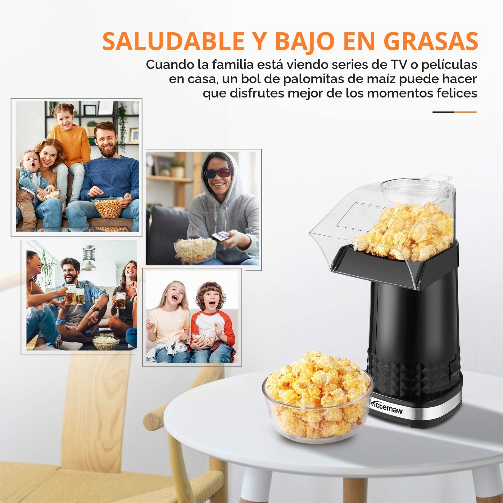 Máquina de palomitas de maíz de 1200 W, aire caliente, para el hogar, diseño de calibre ancho, con vaso medidor y tapa extraíble, sin BPA negro
