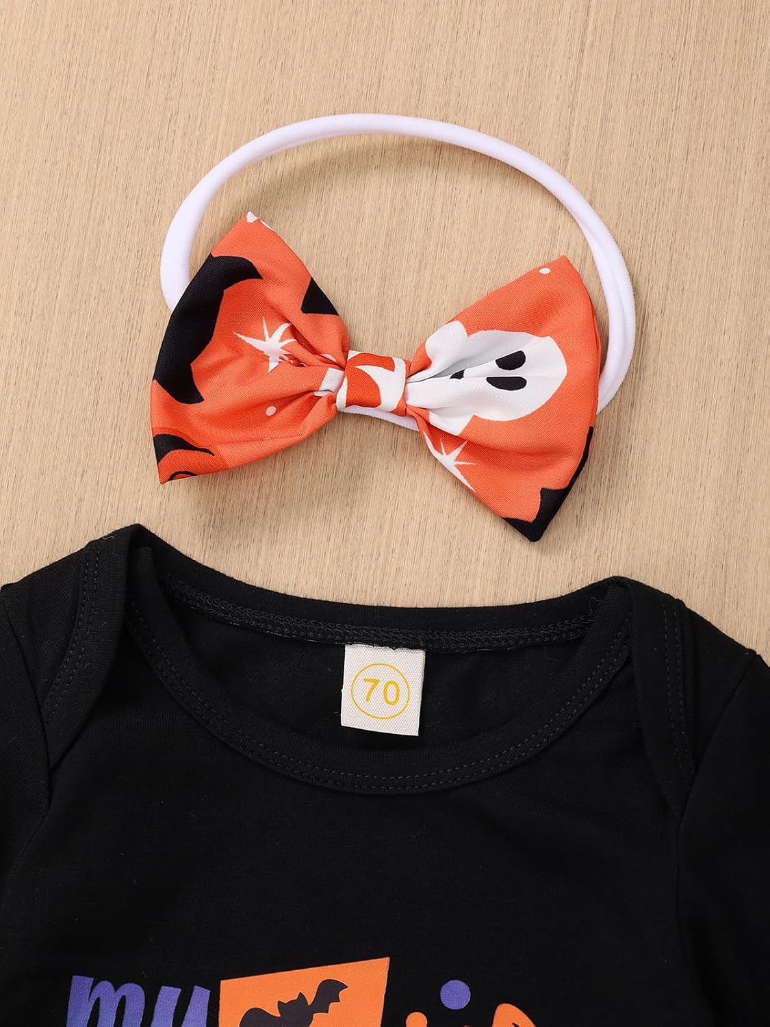 My First Halloween Outfit Baby Girl Letter Print Long Sleeve Romper Top Spooky Candy Shorts Set - Image 4