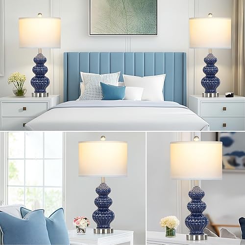 Miniatura 4 de Juego de 2 lámparas de mesa de cerámica de triple calabaza, modernas lámparas de noche azules con interruptor giratorio, lámparas de mesita de noche