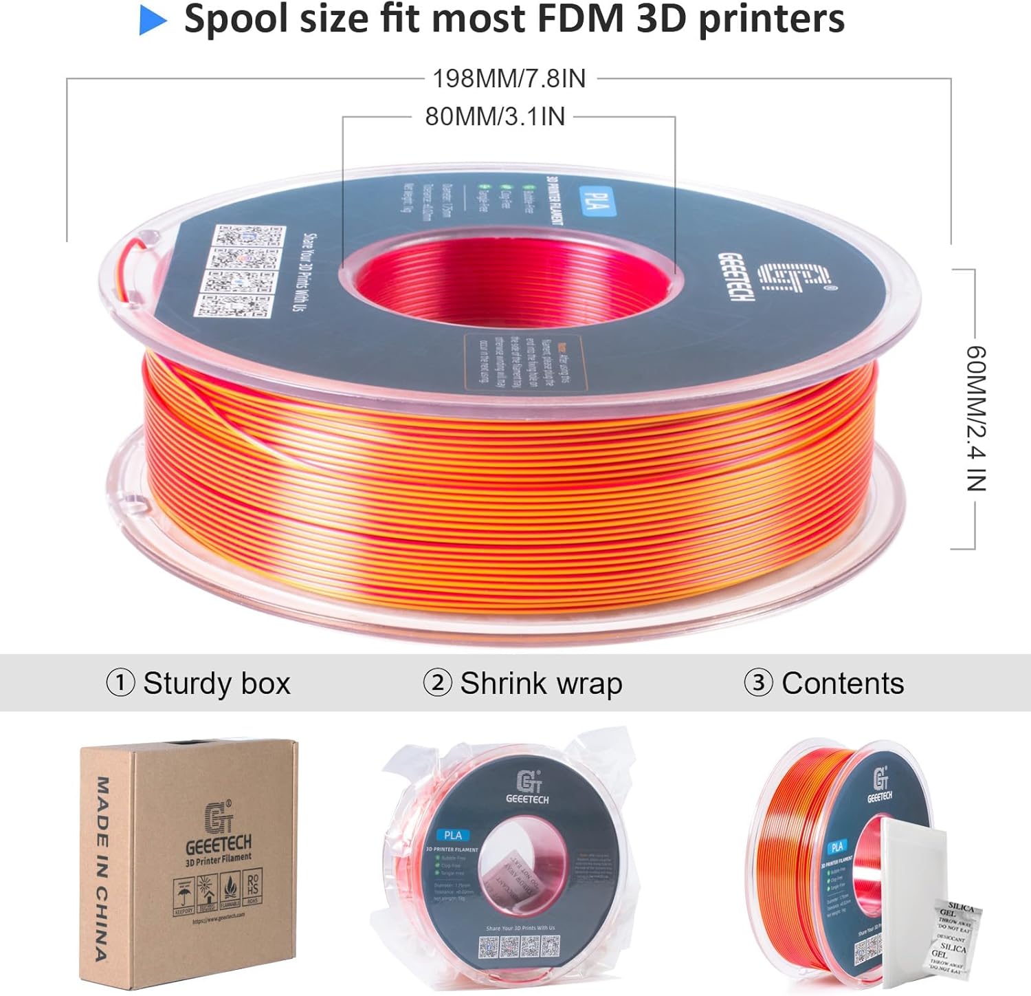 Geeetech Silk PLA Filament 1.75mm Silk Dual Color Filament, Coextrusion Dichromatic Metal-Like Shiny Consumable 1kg (2.2lbs) 1 Spool, Dimensional Accuracy +/- 0.02 mm, Gold Red