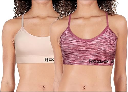 Reebok Bralette sin costuras para mujer, ligero, suave, elástico, sin costuras, paquete de 2