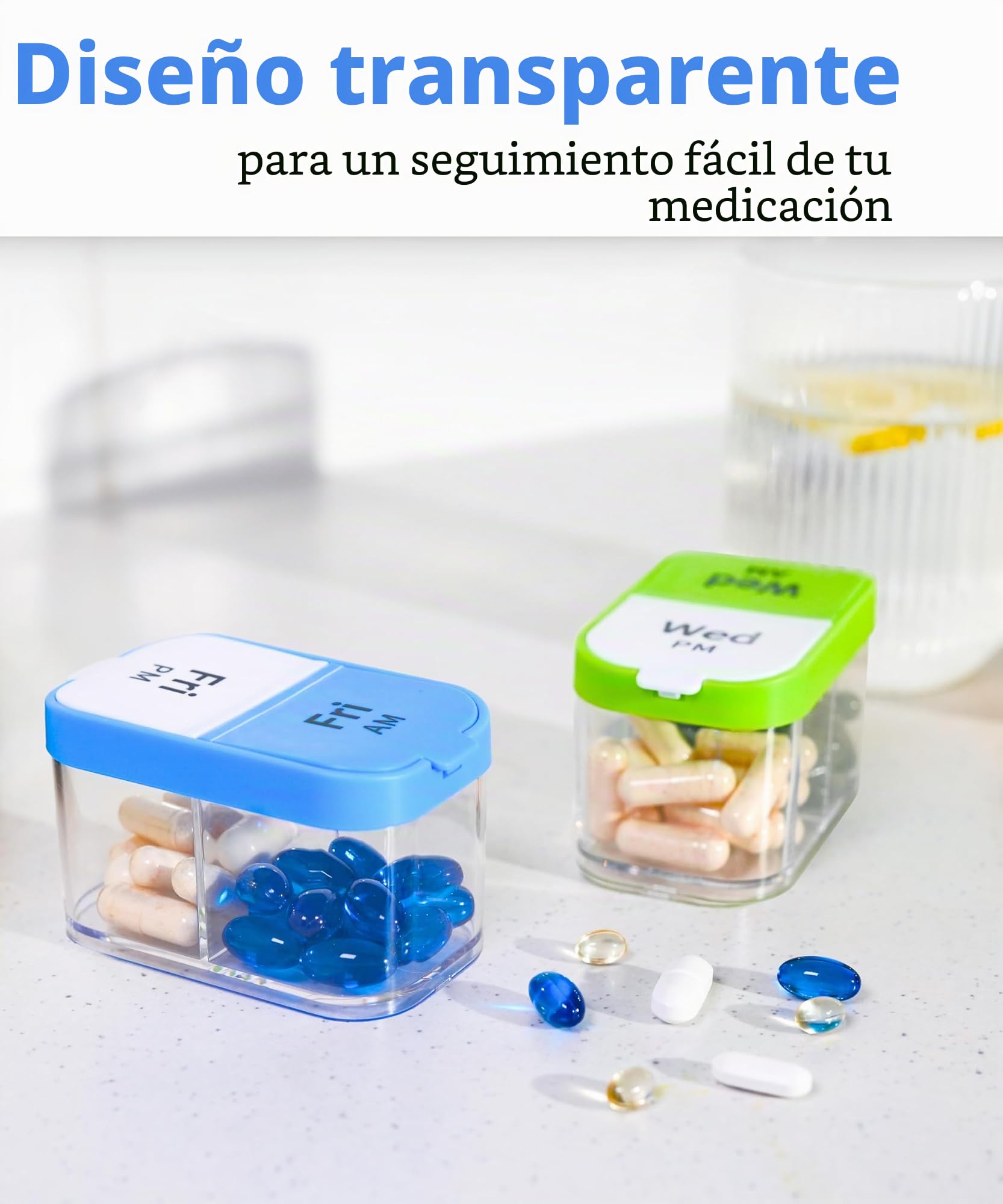 Organizador semanal XL de píldoras, soporte de vitaminas con 7 compartimentos desmontables AM/PM, dispensador portátil para hogar y viajes