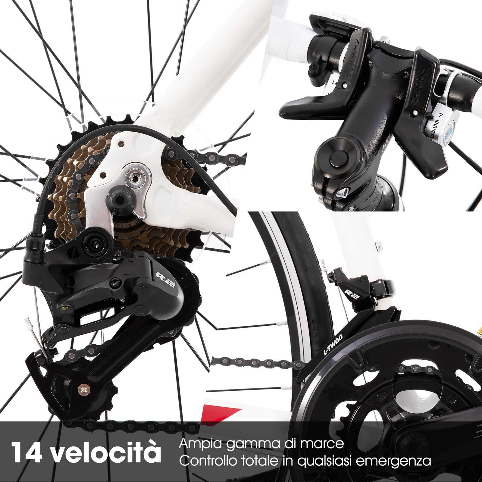 Hiland Bici da Strada 28 Pollici, Telaio in Alluminio 700C Unisex, Freni a Bacchetta Anteriore e Posteriore, 14 Velocità, Telaio 490/530/570mm, Nero/Bianco