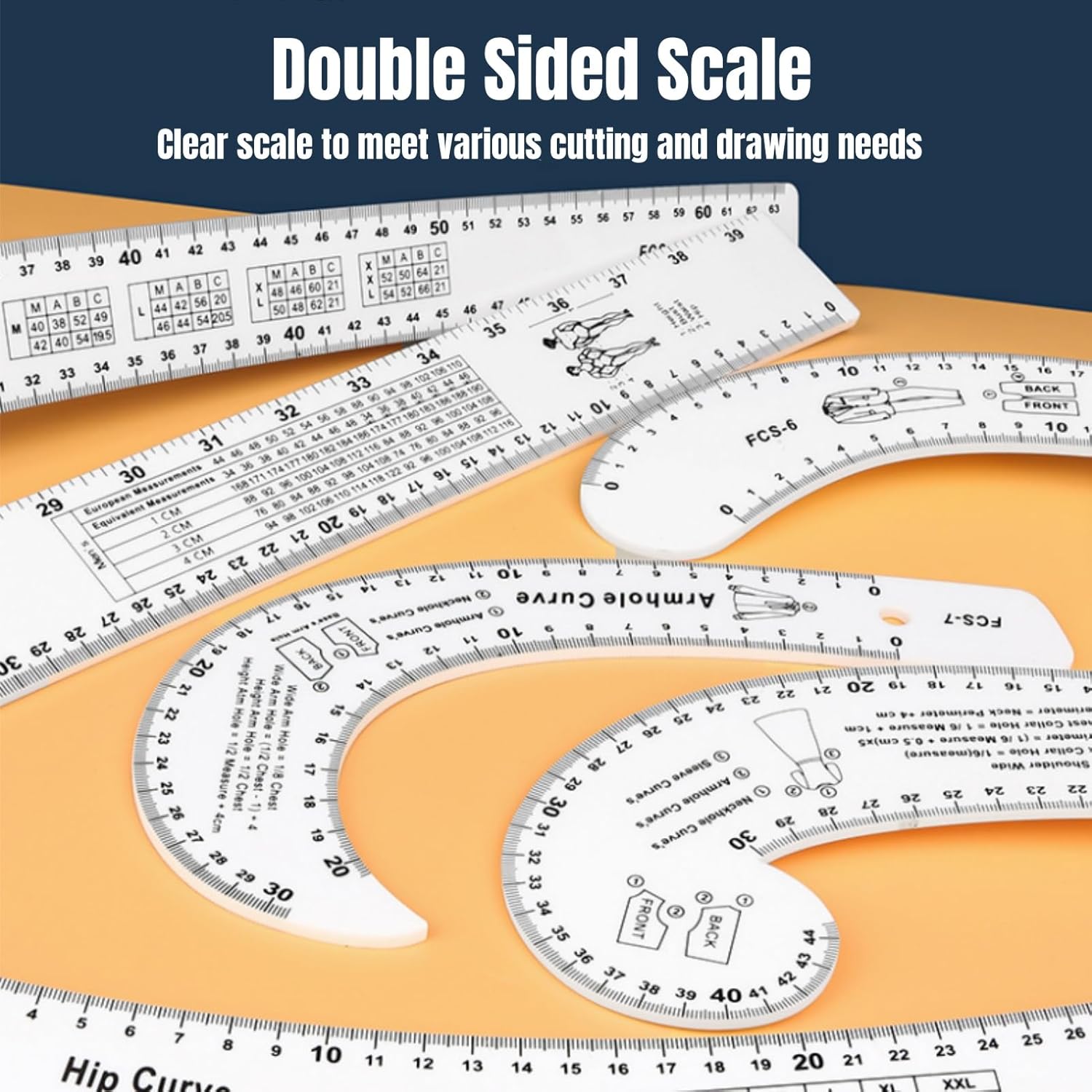 Professional Sewing Ruler Set, 7-Piece French Curve Pattern Making Rulers for Tailors, Designers, Beginners