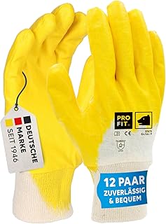 PRO FIT Nitril-Handschuh 12 Paar – Arbeitshandschuhe, Mechaniker-Handschuh, Schutzhandschuhe, Gartenhandschuhe ¾ beschichtet, Montagehandschuhe - Gelb, Gr. 10