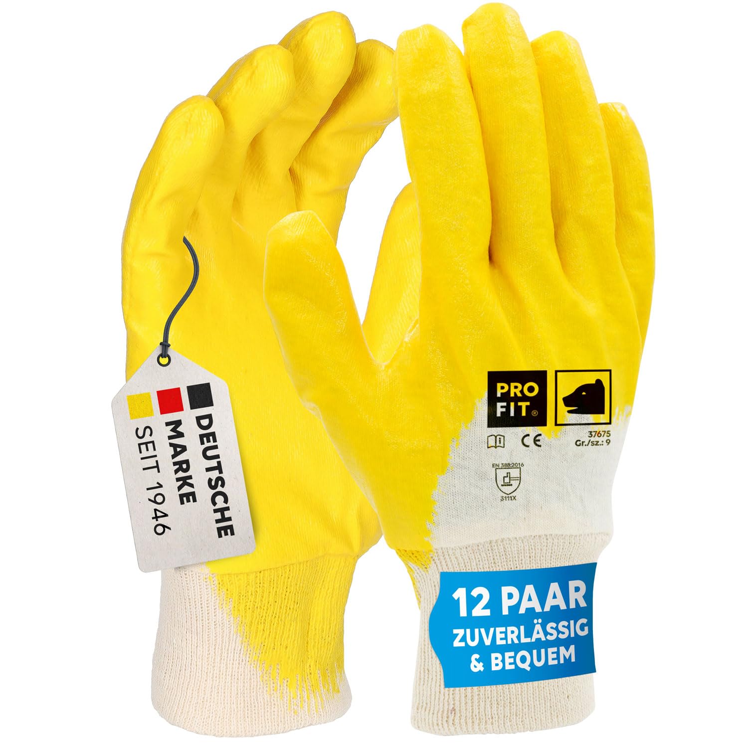 PRO FIT Nitril-Handschuh 12 Paar – Arbeitshandschuhe, Mechaniker-Handschuh, Schutzhandschuhe, Gartenhandschuhe ¾ beschichtet, Montagehandschuhe