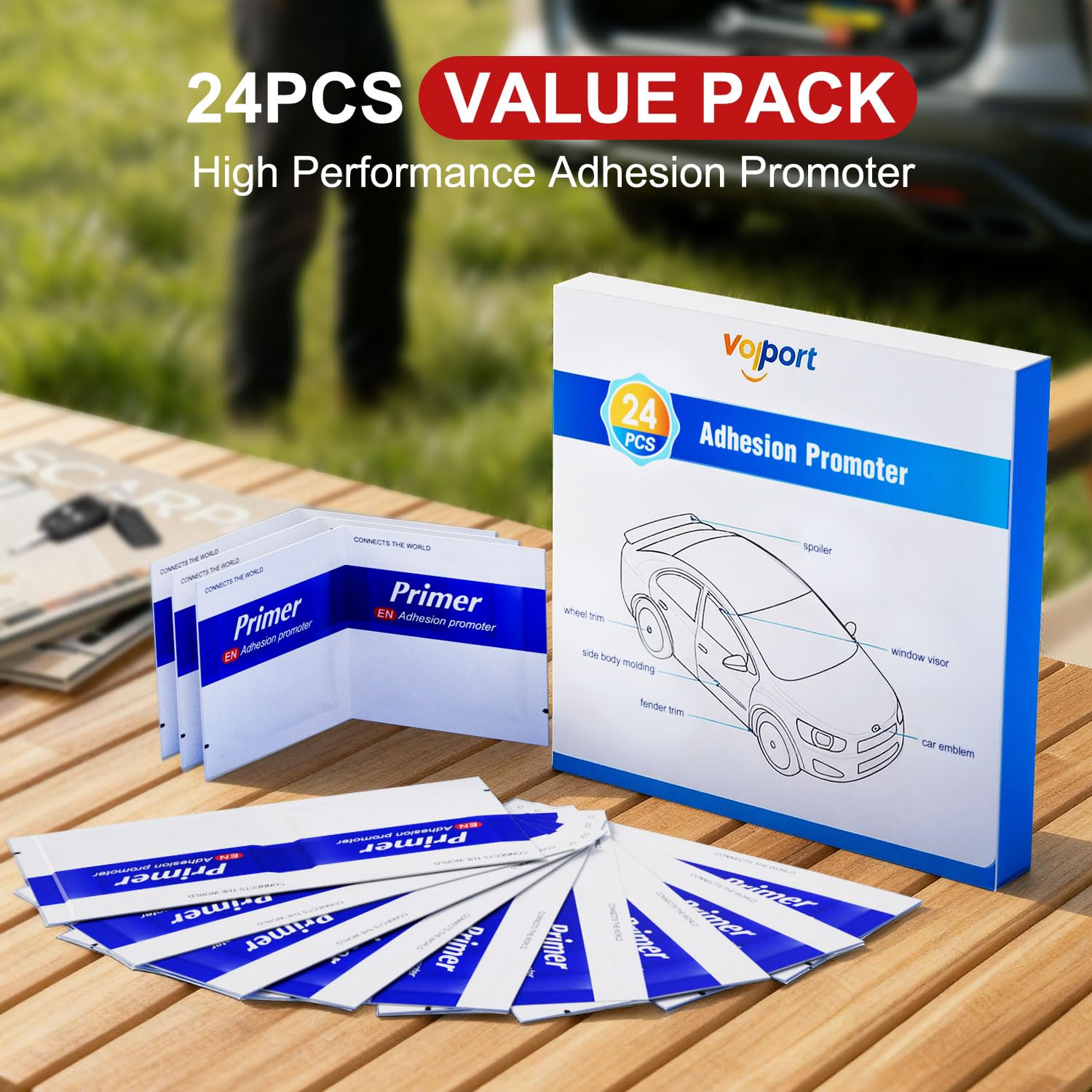 24Pcs Adhesion Promoter Wipes for Double Sided Tape, High Bond Adhesive Primer for Automotive ABS Plastic, Molding Tape, Car Spoiler, Exterior Trim, Vinyl Wrap Edges & Decals