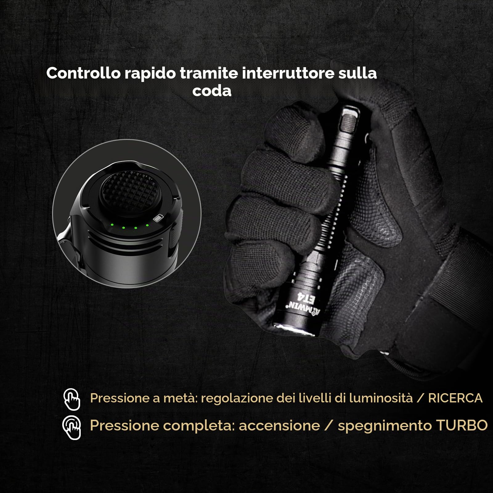 AIMWIN Torcia Elettrica Ricaricabile Tattica ET4 EDC 3500 Lumen Portata 380m 4 Livelli di Luminosità Modalità Search/Turbo Istantanee Pulsante Posteriore USB-C Ricarica Rapida Torcia Compatta