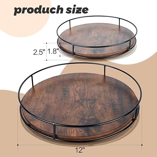 Miniatura 10 de Tocadiscos Lazy Susan de madera de 10 pulgadas para mesa cocina organizador rústico marrón con marco de acero tocadiscos decorativos de 360 grados