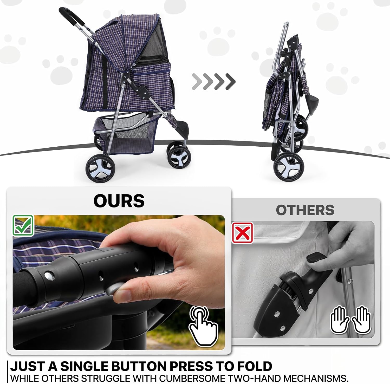 Plaid Foldable Dog Stroller with Storage and Cup Holder