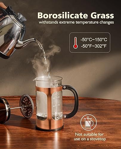 Miniatura 3 de BAYKA cafetera y tetera de prensa francesa de acero inoxidable 304, con sistema de filtración de 4 niveles, vidrio de borosilicato grueso resistente