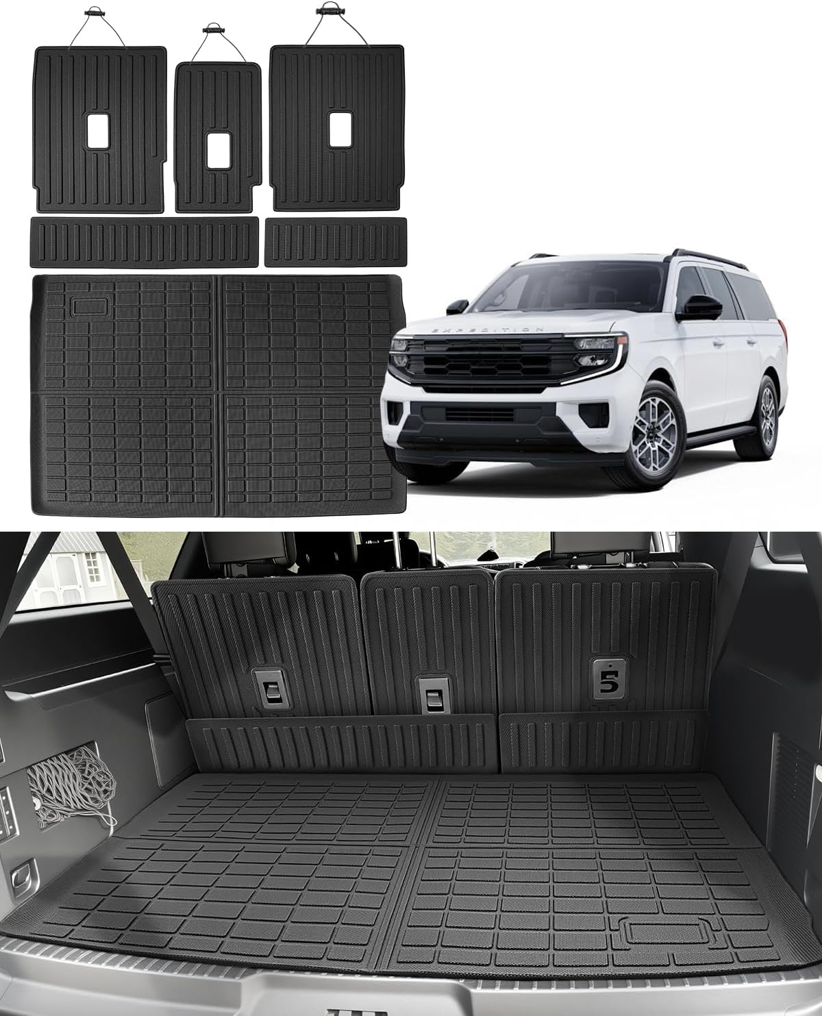 Cargo Mat for Ford Expedition MAX 2025 2026 (Only Fit MAX 7/8 Seats) with Backrest Protection, All Weather TPE Trunk Liner & Rear Seat Back Cover