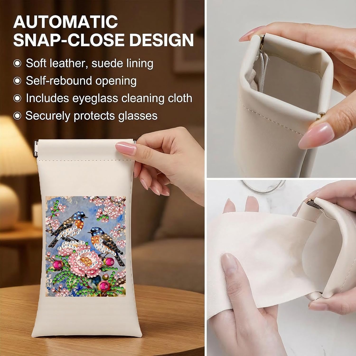 DIY Diamond Art Painting Portable Glasses Case with Press-to-Close PU Leather, Includes Eyeglass Cloth