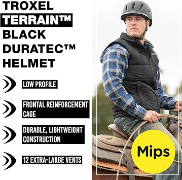 Troxel Terrain MIPS Cooling Horse Riding Helmet, Low-Profile, Micro-Adjustable Design, Horseback Riding Gear, Medium (7-7-3/8), Black Duratec