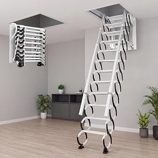 12 Step Attic Ladder, 12 FT Retractable Pull Down Attic Stairs with Armrests, Ceiling Mount Folding Loft Ladder, Hidden Attic Access Stairs for Garage (White, 12 Step)