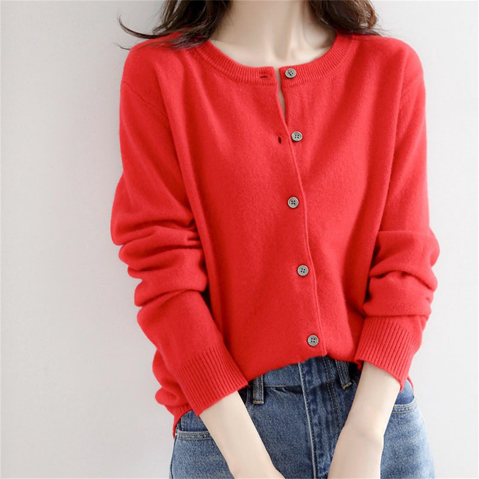 Generisch Cárdigan de cachemira para mujer, cárdigan fino de manga larga, suéter de punto de otoño, chaqueta de punto de color liso, manga larga, cuello redondo, suéter de punto para primavera