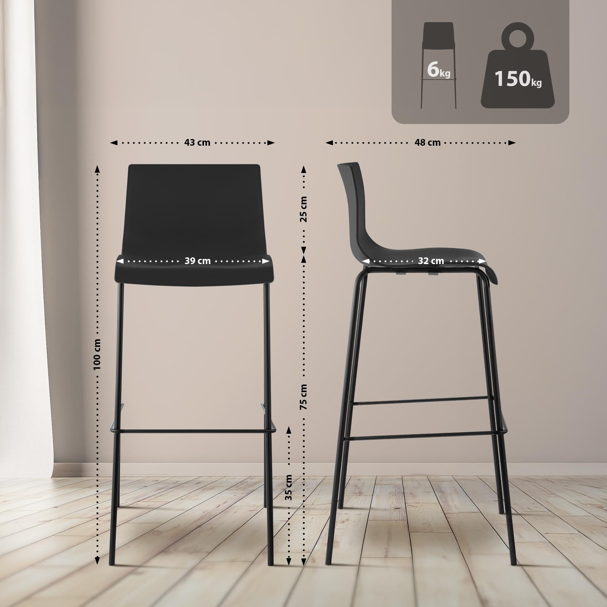 CLP 2er Set Barhocker Hover, ergonomisch mit Rückenlehne und Fußablage, Kunststoffsitz, Robustes Metallgestell, stapelbare Tresenhocker Farbe schwarz Gestell Farbe schwarz