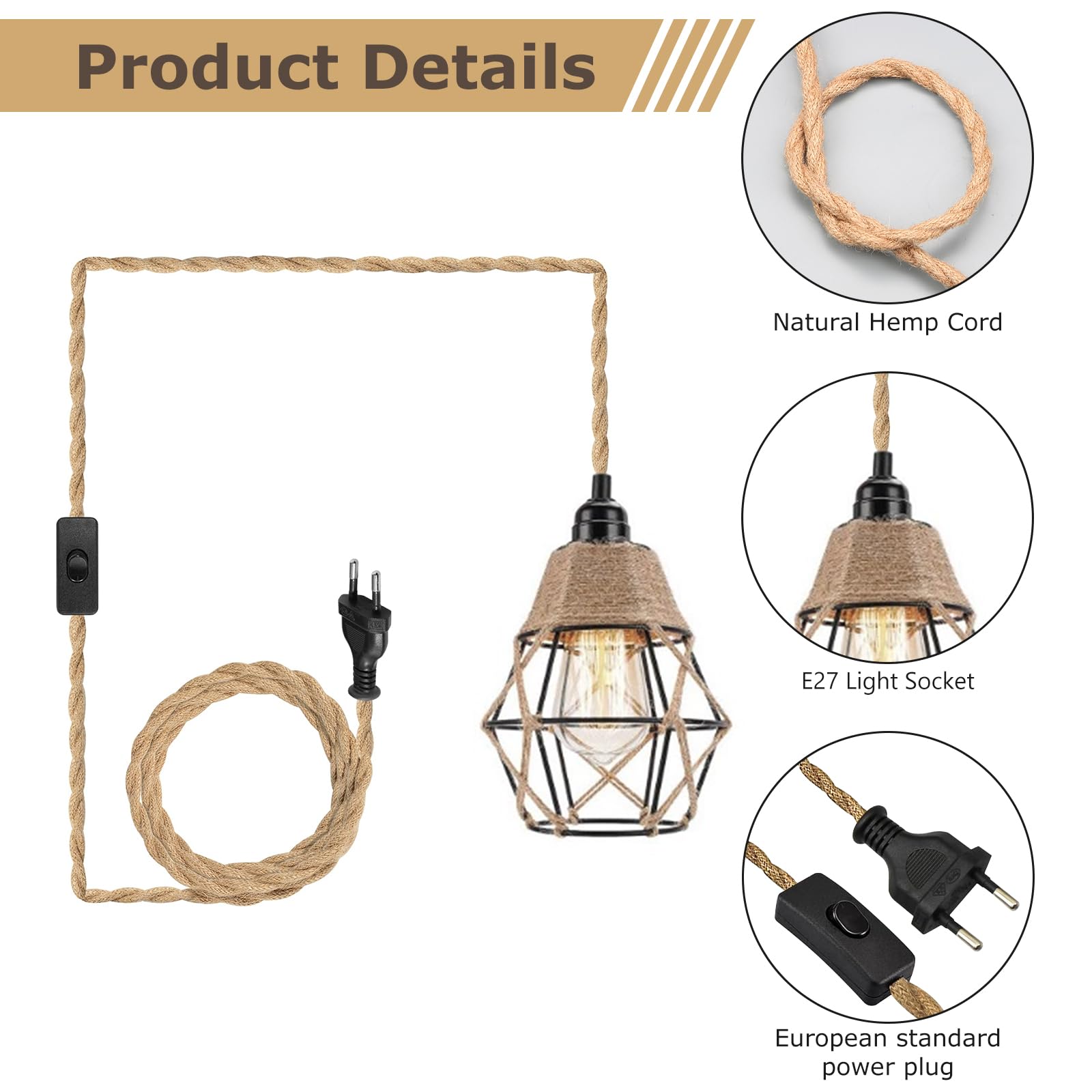 PORFOYO Lámpara de techo con enchufe, lámpara de pared retro atributo vintage cuerda de cáñamo lámpara colgante lámpara colgante lámpara colgante lámpara E27, cable de la lámpara lámpara colgante