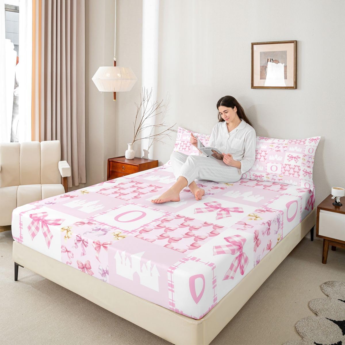 Erosebridal Initial O Letter Bed Sheets Full Pink Bow Knot Sheet Set, Coquette Bowknot Castle Soft Lightweight Bedding Set, Dreamy Kawaii Fitted Sheet with Deep Pocket
