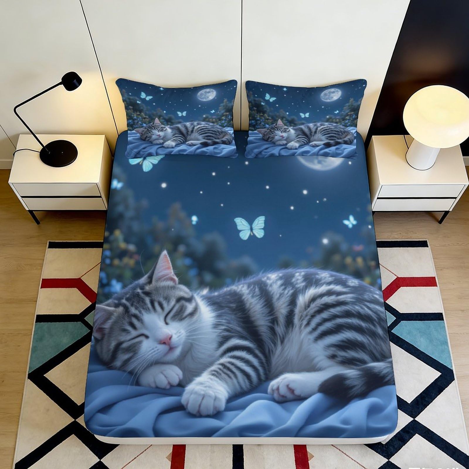 Pnayamiorkfel Style-4 3D Printed Night Cat Fitted Sheet Microfiber Non-Slip Moon Butterfly Bed Cover For Bedroom Guest Room Easy Clean Decor 90X200x25cm
